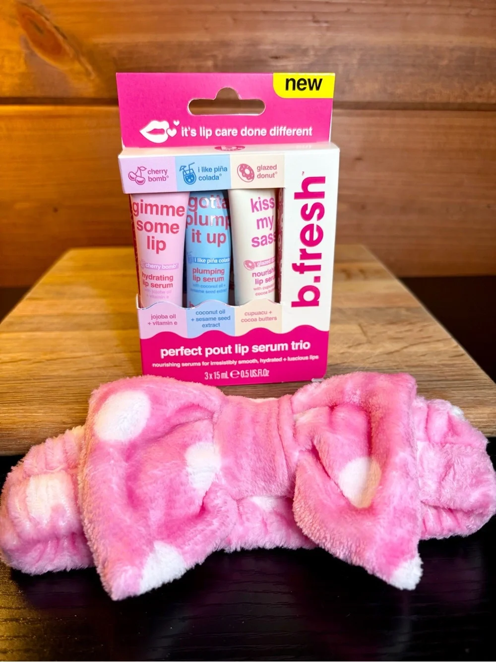 B Fresh Perfect Pout Lip Serum Trio + New  Pink Plush Bow Makeup Apply Headband